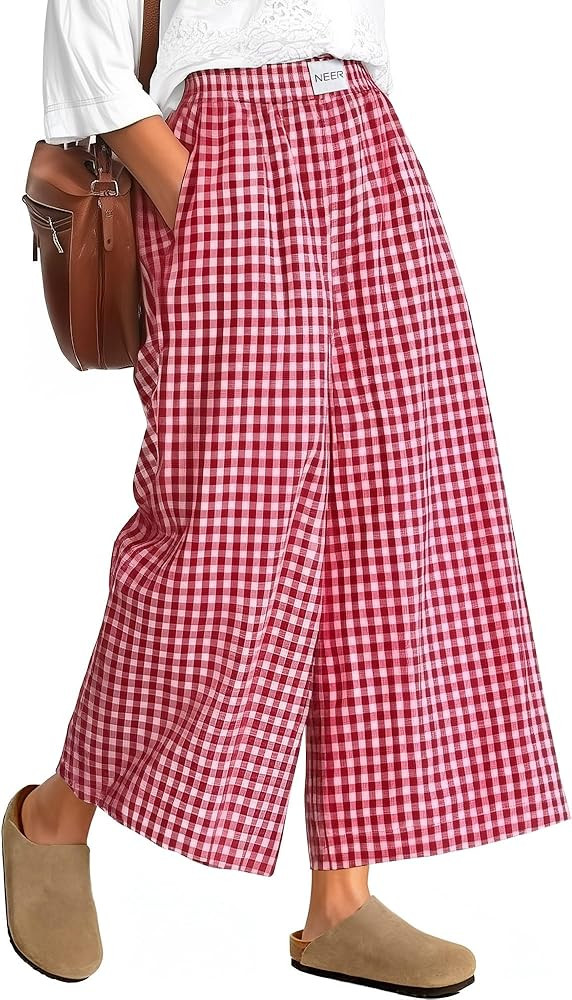 Neer Women's Plaid Gingham Skirt Pants Flowy Oversized Wide Leg Culottes Elastic Waist Palazzo Ca... | Amazon (US)