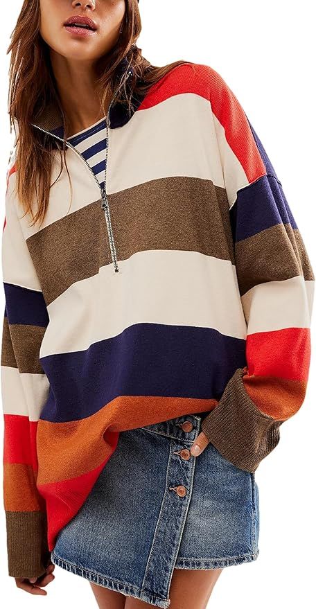 Quarter Zip Striped Oversized Knitted Pullover Sweaters for Women Lightweight Loose Fit Sweater T... | Amazon (US)