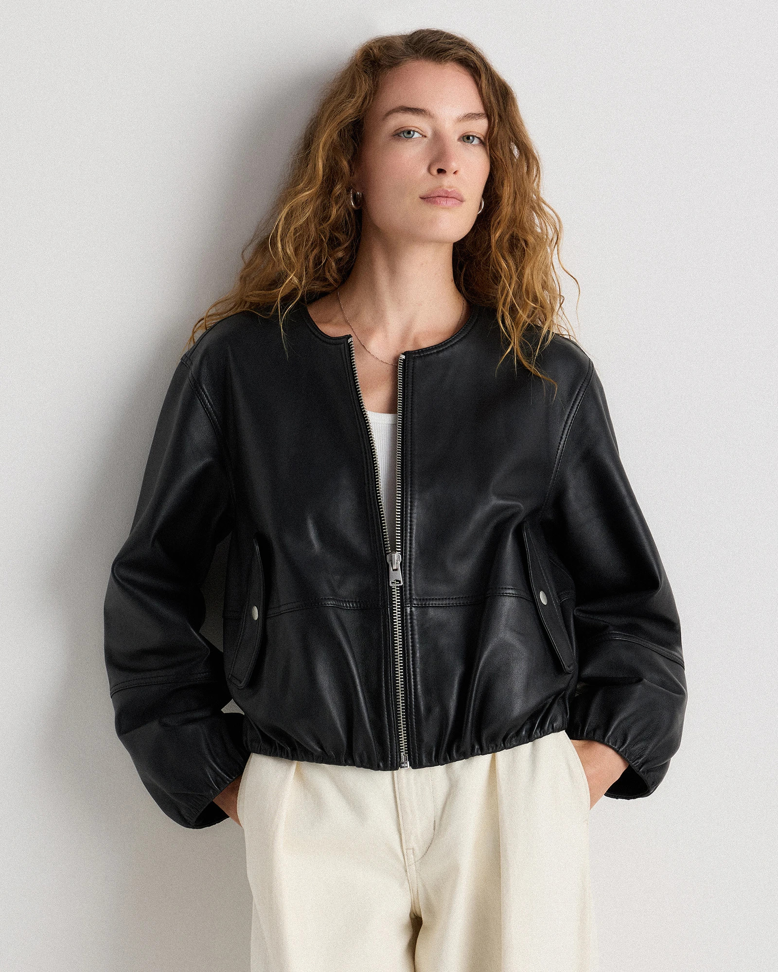 Quince | Women's Collarless Cropped Jacket in True Black, Size XL, Leather | Quince