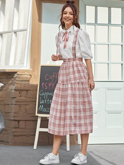 SHEIN Plaid Print Suspender Skirt | SHEIN