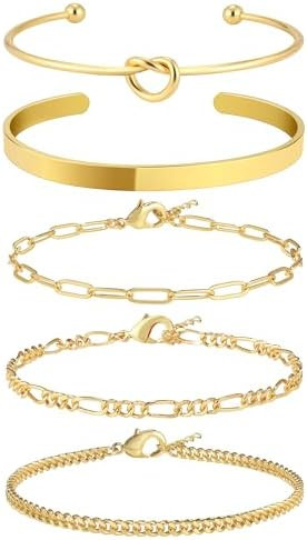 Gold Bracelets for Women, Stackable Gold Bracelets for Women 14K Real Gold Plated Paperclip Cuban... | Amazon (US)