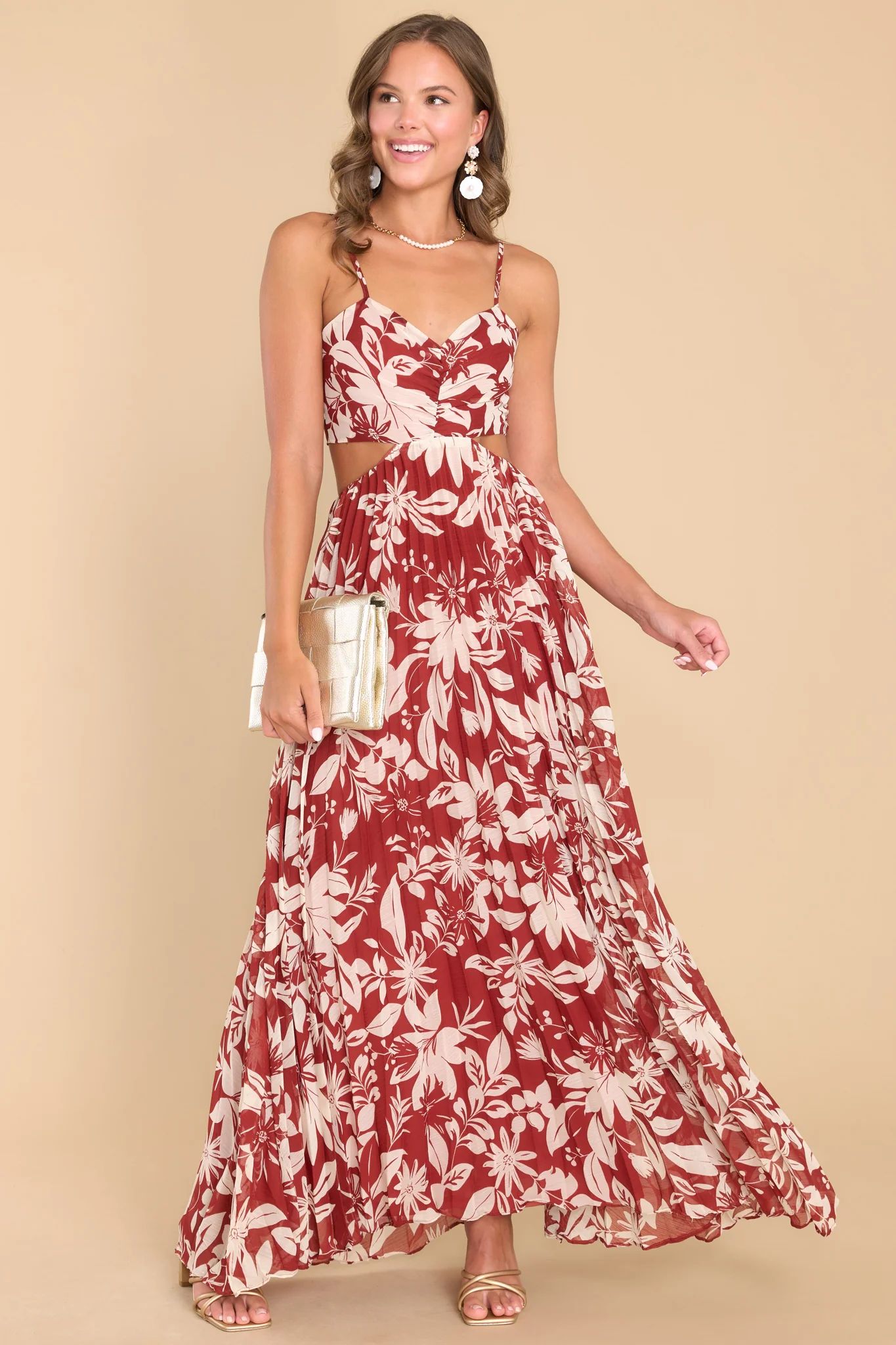Keep Your Promises Brick Ivory Floral Maxi Dress | Red Dress 