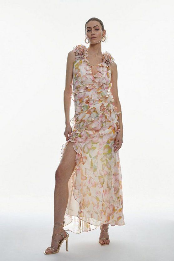 Floral Chiffon Rosette Ruffle Slip Maxi Dress | Karen Millen US