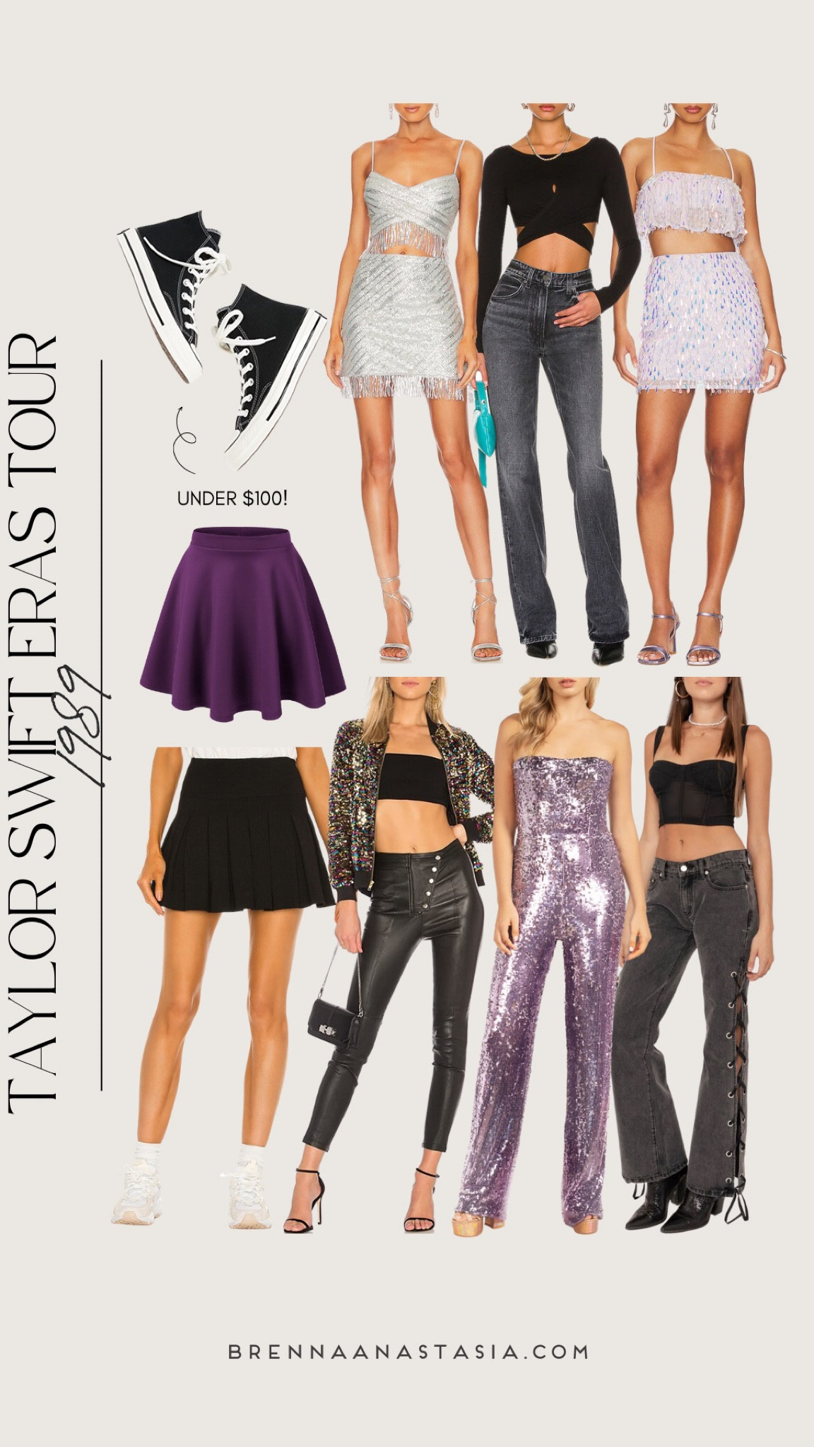 Taylor Swift Eras Tour looks! These sparkly, purple and black pieces would be perfect for her 1989 era! 💜✨ Taylor Swift Concert, purple jumpsuit, purple skirt, sparkly outfit, converse #taylorswift #erastour

#LTKSeasonal #LTKshoecrush #LTKFind