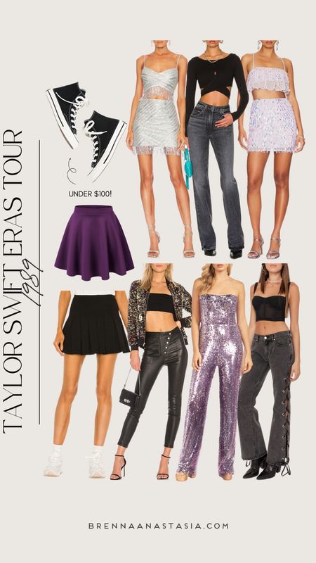 Taylor Swift Eras Tour looks! These sparkly, purple and black pieces would be perfect for her 1989 era! 💜✨ Taylor Swift Concert, purple jumpsuit, purple skirt, sparkly outfit, converse #taylorswift #erastour

#LTKSeasonal #LTKshoecrush #LTKFind