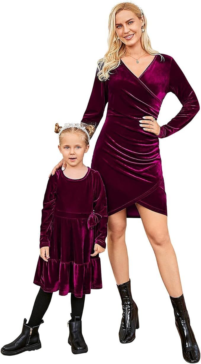 PopReal Mommy and Me Dresses Vintage Velvet Christmas Long Sleeve Stretchy Matching Outfits | Amazon (US)