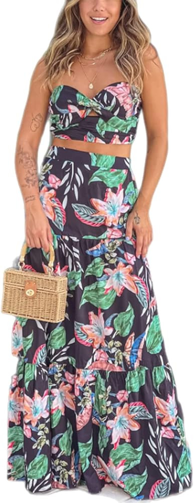 2023 Summer Beach 2 Piece Outfit Set Dresses for Women Floral Printed Wrapped Crop Top Maxi Long ... | Amazon (US)