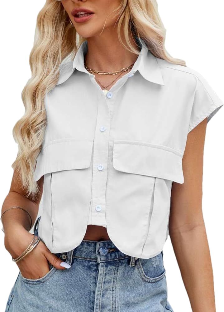 Womens Summer Cropped Short Cap Sleeve Shirts Solid Lapel Collar Button Down Crop Tops Blouse wit... | Amazon (US)