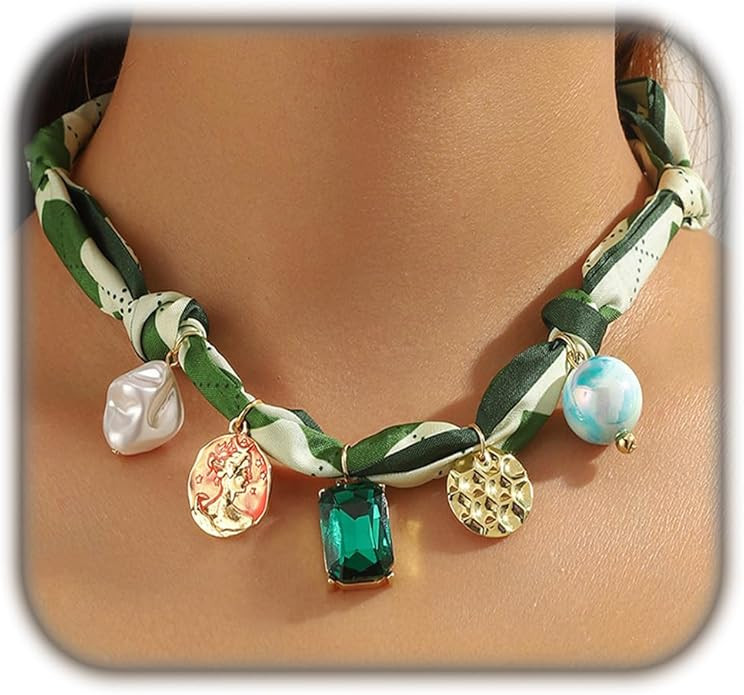 Silk Scarf Necklace for Women Flowers Crystal Heart Pearl Multi-Pendant Necklace Colorful Silk Ch... | Amazon (US)