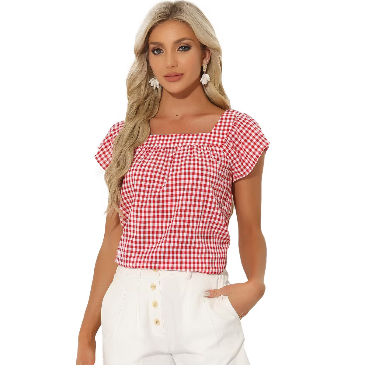 Allegra K Women's Summer Square Neck Gingham Cap Sleeve Blouses | Target