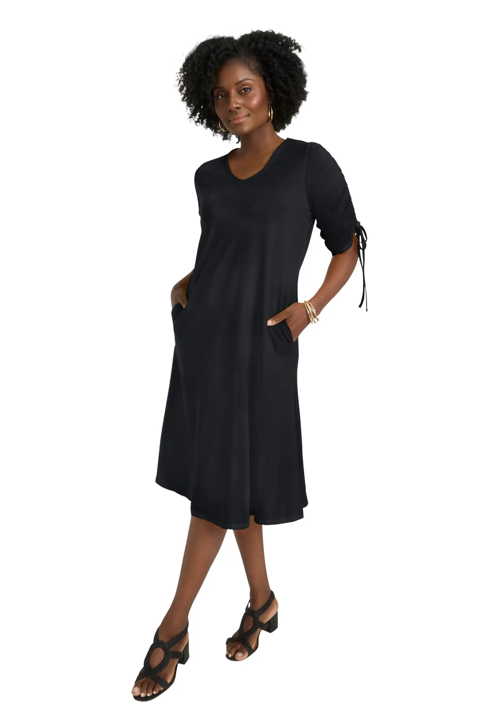 Jessica London Stretch Cotton Tie Sleeve Midi Dress (Women) | Nordstrom | Nordstrom