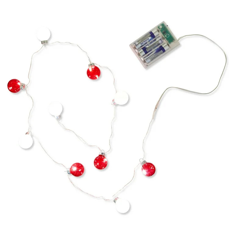 10-Count Red and White Lighted Mini Glass Christmas Ornaments Garland Decoration, by Holiday Time | Walmart (US)