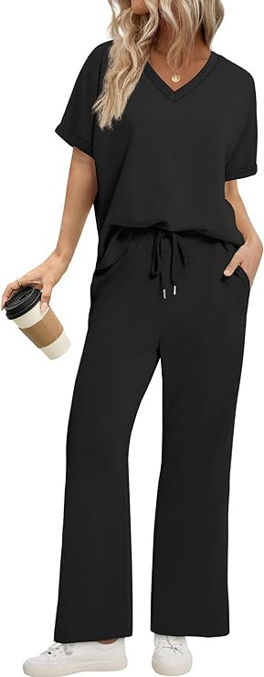 Sampeel Lounge Sets for Women V Neck Turn-UP Sleeves Tops Wide Leg Pants 2 Piece Sets Oversized S... | Amazon (US)