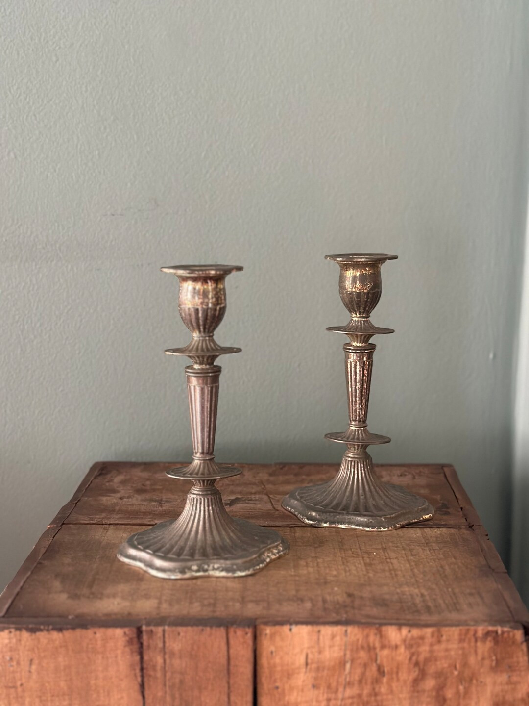Antique English Silver Patinated Candlesticks - Pair | Etsy (US)