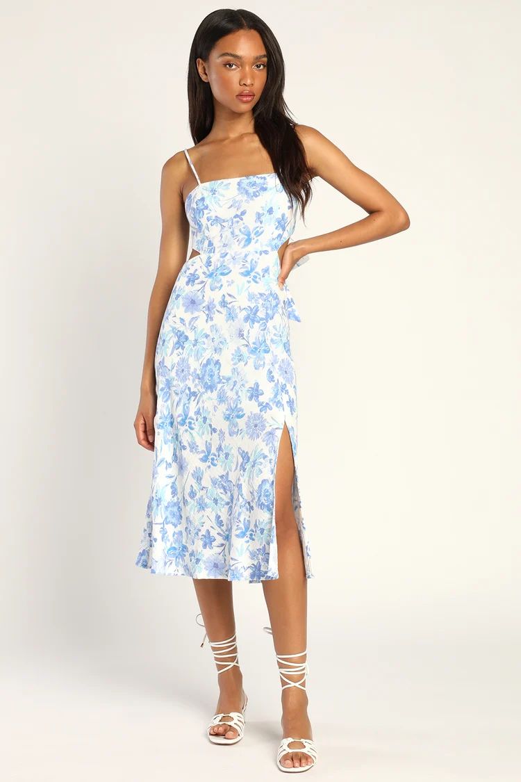 Serene Views Blue and White Floral Print Cutout Midi Dress | Lulus (US)