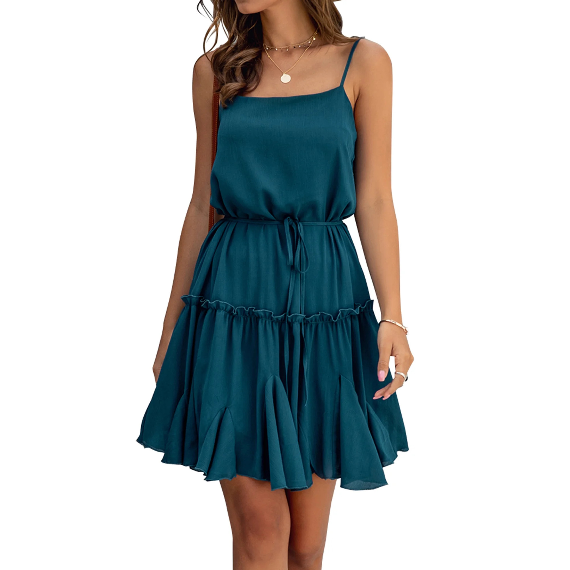 Women Pleated Sleeveless Open Back Asymmetric Ruffle Hem Dress | Walmart (US)