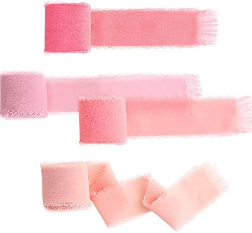 4 Rolls Handmade Fringe Chiffon Ribbon 1.5 Inch 7 Yards Pink Silk Frayed Ribbon Rustic Wrapping R... | Amazon (US)