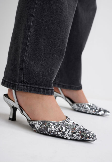 Womens Silver Sequin Kitten Heel Slingback Pumps | Peacocks