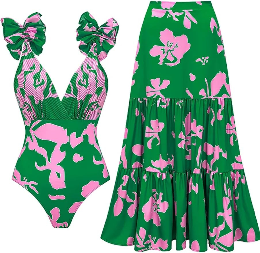 FLAXMAKER Blue and White V Neck Lace Up Strip Plant Prints One Piece Swimsuit and Skirt/Sarong | Amazon (US)