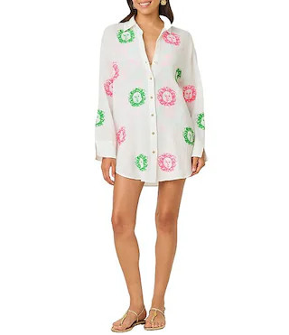 Kwitney Fleur De Lilly Embroidered Crinkle Gauze Shirt Swim Cover-Up | Dillard's