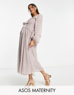ASOS DESIGN Maternity pleat detail midi dress in jacquard satin spot with tie detail in lilac | ASOS (Global)