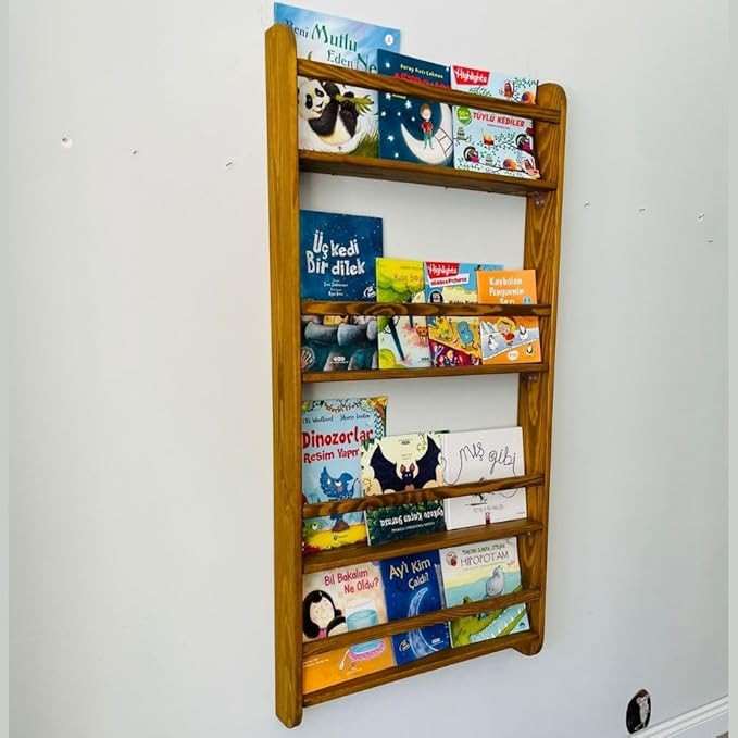 Handmade Solidwood Wall Mounted Montessori Kids Bookshelf, Solid Pine 4 Tier Book Display for Chi... | Amazon (US)