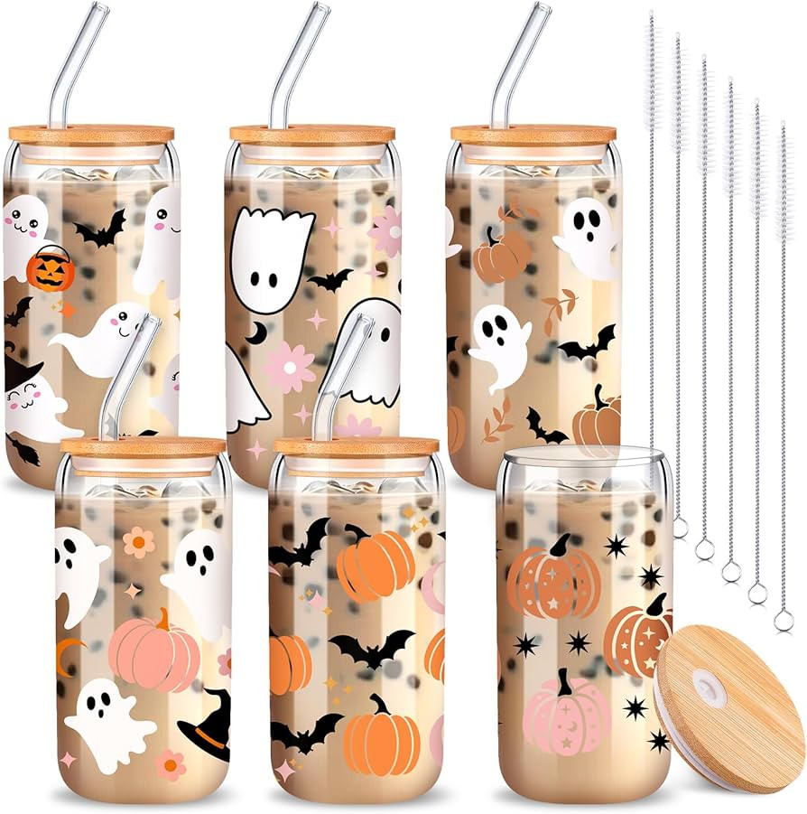 6 Pcs Halloween Drinking Party Glasses 16 oz Ghost Pumpkin Glass Cup with Bamboo Lid and Glass St... | Amazon (US)