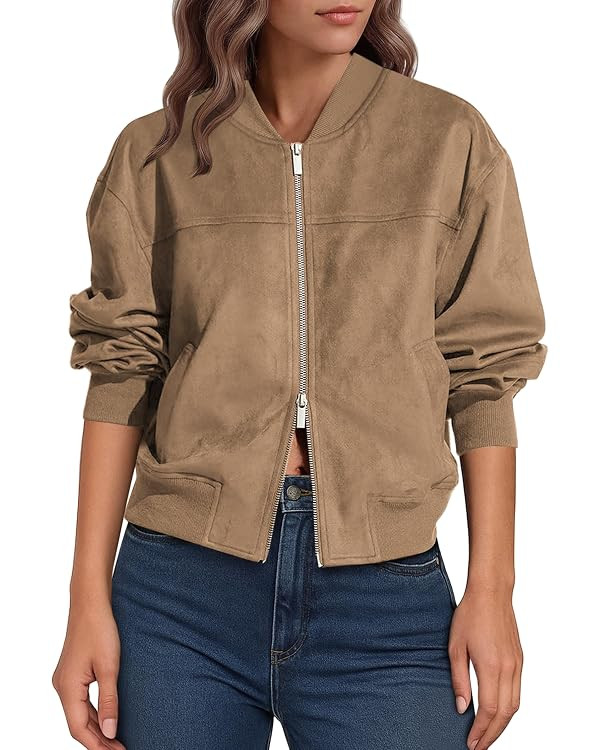 Lazysmile Women's Faux Suede Bomber Jackets Fall Fashion Outfits Winter Clothes Stand Collar Zip ... | Amazon (US)