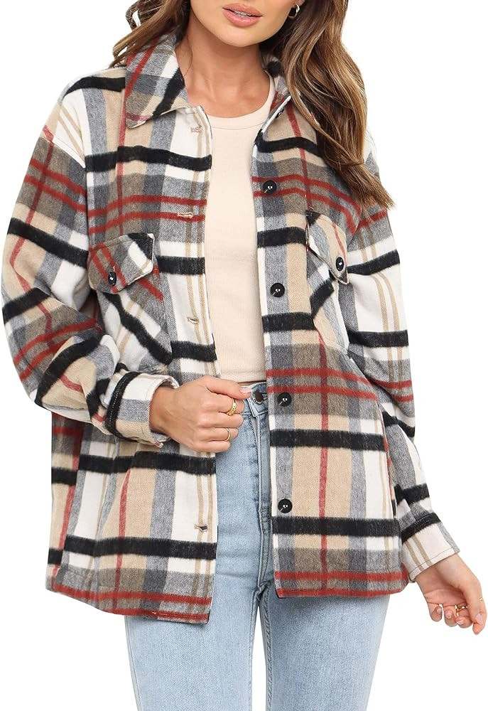 Beaully Women's 2024 Fall Clothes Plaid Shacket Jacket Long Sleeve Button Down Flannel Shirts Fas... | Amazon (US)