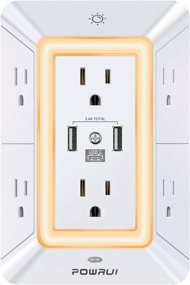 Multi Plug Outlet Surge Protector - POWRUI 6 Outlet Extender with 3 USB Ports (1 USB C) and Night... | Amazon (US)