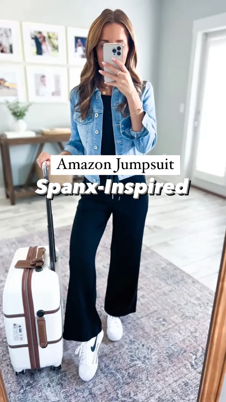 Amazon jumpsuit (XS). Spanx-inspired jumpsuit. Amazon denim jacket. (XS, color mauve). Nike court legacy lift (size down half a size). Travel outfit. Airport outfit. Casual outfit. Fall outfit. Delsey luggage. Amazon belt bag. 

#LTKtravel #LTKshoecrush #LTKfindsunder50