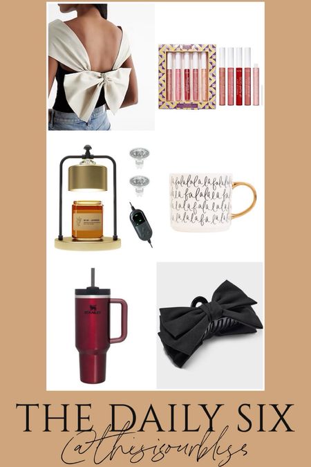 The daily six! Today’s daily finds! 🖤
Bow embellished bodysuit 
Maracuja juicy lip plumper beauty set 
candle warmer
Holiday coffee mug
New holiday Stanley
bow claw clip 

#LTKsalealert #LTKfindsunder50 #LTKGiftGuide