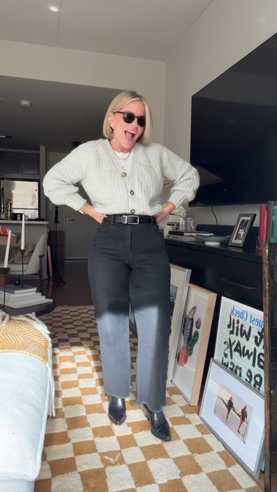Simple classics that are never complicated and never go out of style: a white shapewear t shirt bodysuit, great knit cardigan, high rode wide leg crop Jeans (a fee brands tagged- you can always cut them shorter which is what i did) , nice shades, and pointy toe Chelsea boots- these are super comfortable! 

#LTKWorkwear #LTKStyleTip #LTKShoeCrush