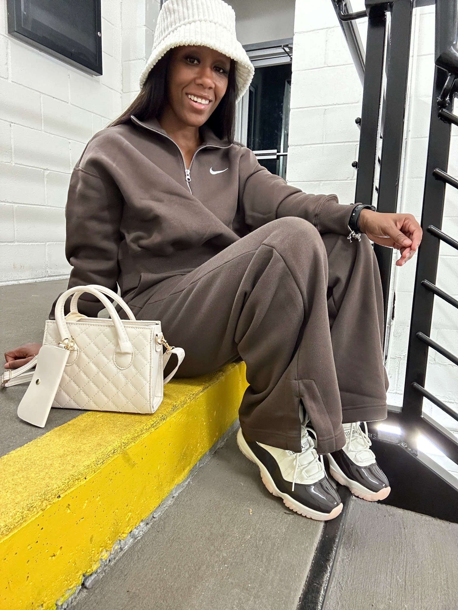 The most comfortable sweatsuit. The sweatshirt is a quarter zip and oversized. The sweatpants are wide-leg with split hem. Super long. I’m 5’1 and the sweatpants are dragging on the ground. I’m wearing a size small in everything.

#LTKstyletip #LTKshoecrush #LTKSeasonal