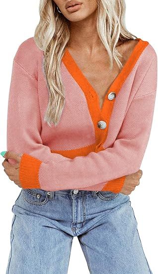 Meenew Women's Button Down V Neck Crop Tops Colorblock Knit Cardigan Sweater Blouses | Amazon (US)