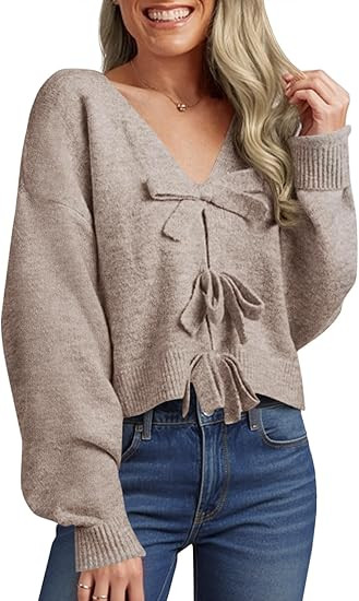 Saodimallsu Womens Bow Sweater Cropped V Neck Long Sleeve Fall Cozy Knit Loose Trendy Pullover Sw... | Amazon (US)