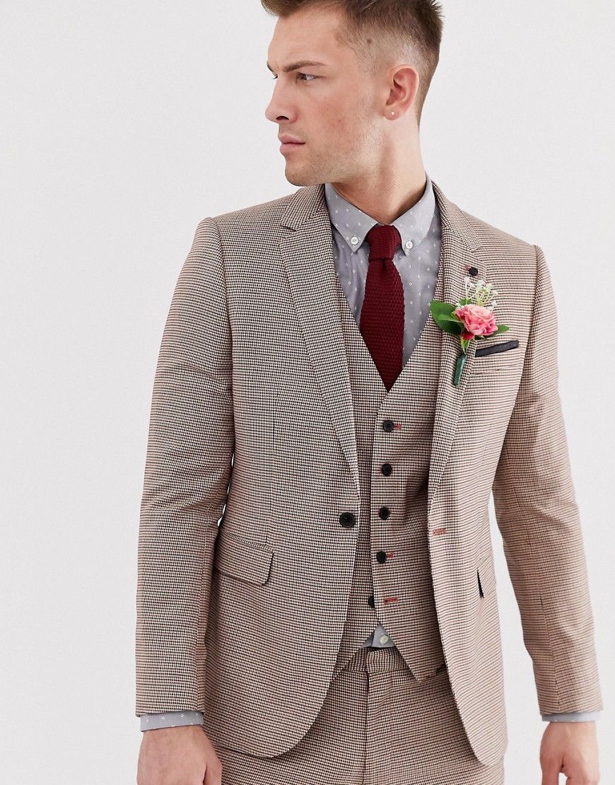 Burton Menswear wedding super skinny suit jacket in black and red dogtooth | ASOS (Global)