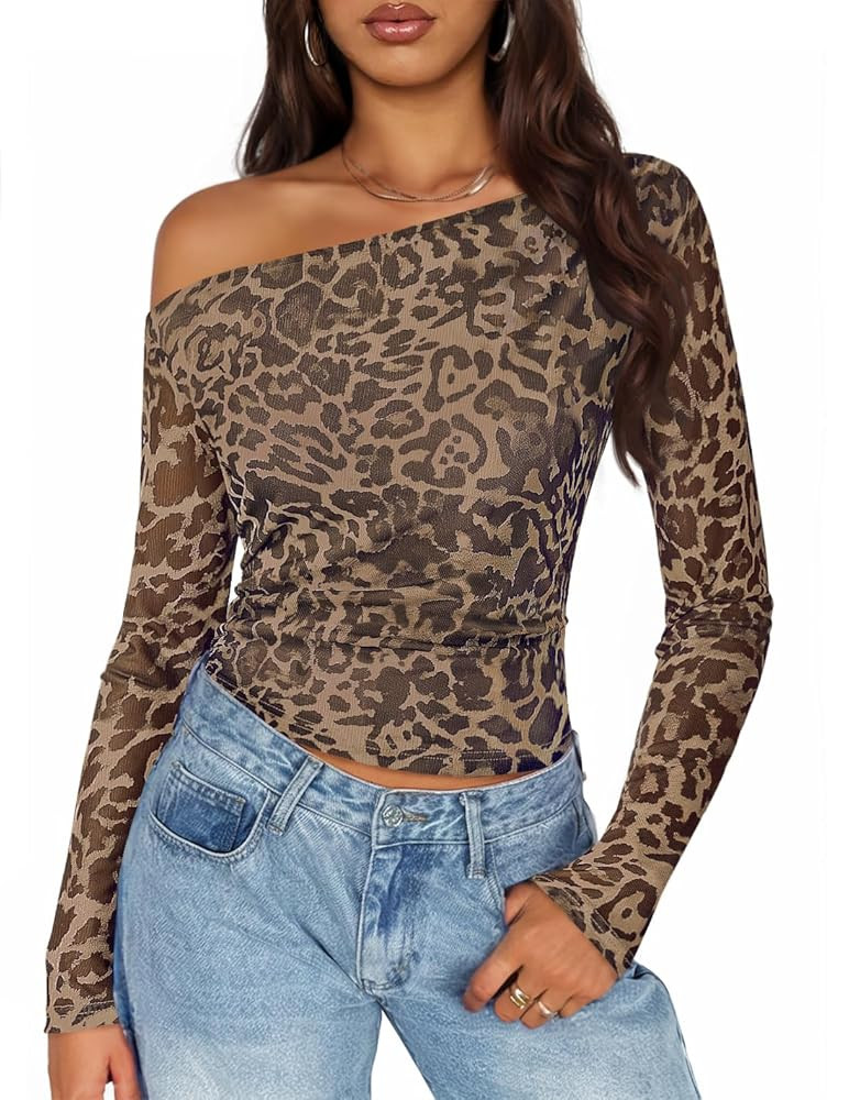 ZESICA Women's Floral Off Shoulder Long Sleeve Tops 2025 Fall Mesh Ruched Fitted Trendy Going Out... | Amazon (US)