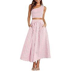 ANRABESS Women's 2 Pieces Outfits One Shoulder Smocked Crop Top & High Waist Long Skirt Dress Set... | Amazon (US)