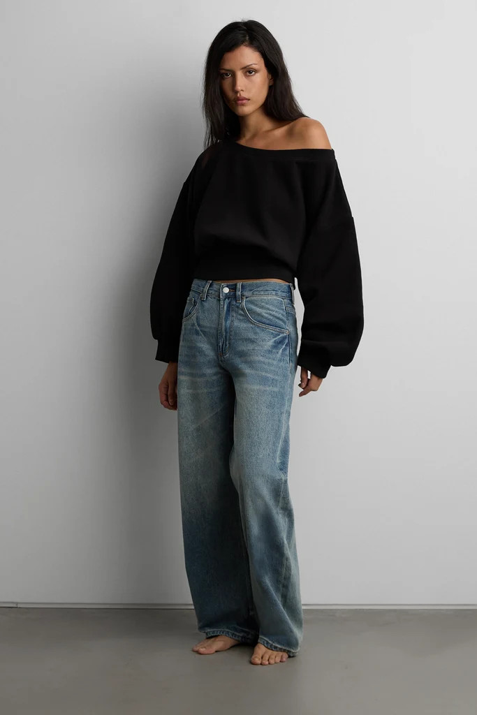 FLEECE STUDIO CINCHED WAIST OFF THE SHOULDER SWEATSHIRT | OAK + FORT