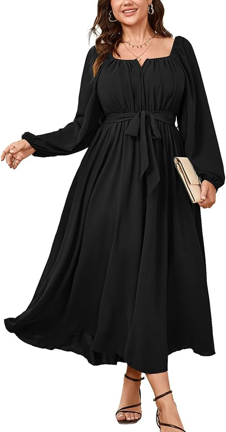 SCOMCHIC Women Plus Size Maxi Dress Long Sleeve Square Neck Wedding Guest Cocktail Belted Elegant... | Amazon (US)