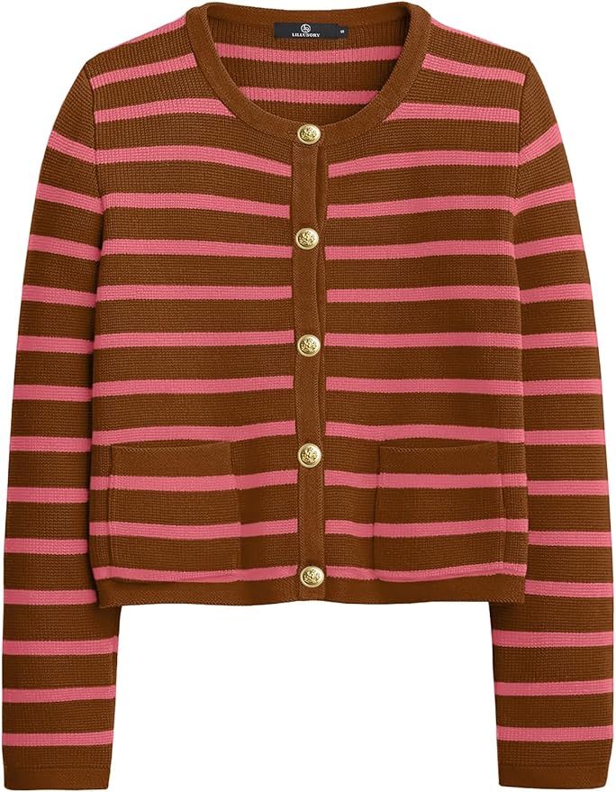 LILLUSORY Women's Striped Cardigan Sweaters Fall Oufits Clothes Fashion Trendy Long Sleeve Tops C... | Amazon (US)