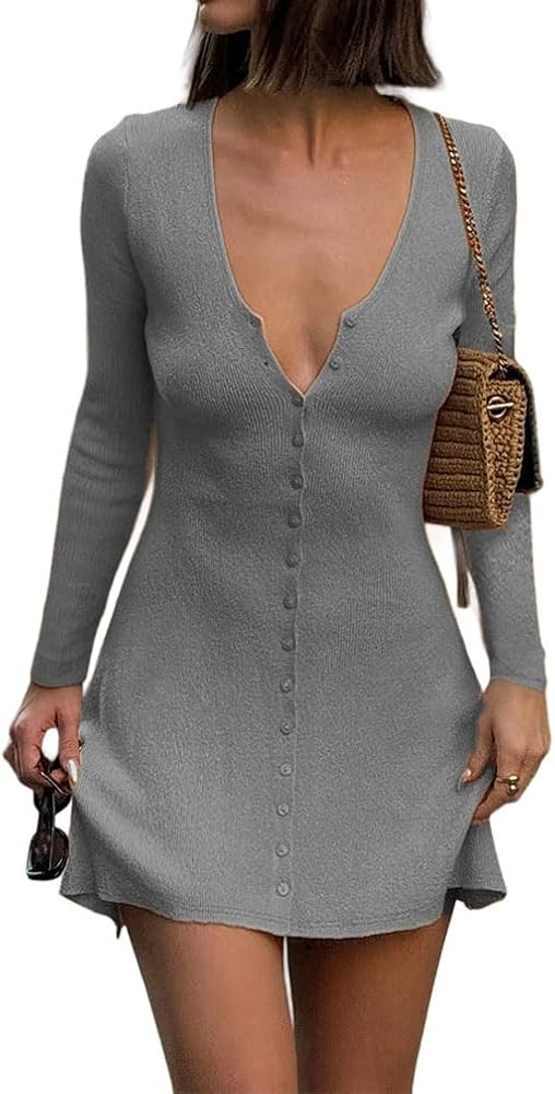 Women Sexy Deep V Neck Button Front Knit Mini Dress Elegant Long Sleeve Ribbed Flowy Hem A-Line S... | Amazon (US)