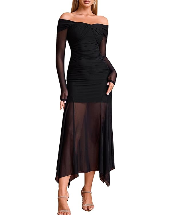EYNMIN Women's Off The Shoulder Maxi Dress Long Sleeve Ruched Bodycon Asymmetrical Mesh Formal Fa... | Amazon (US)