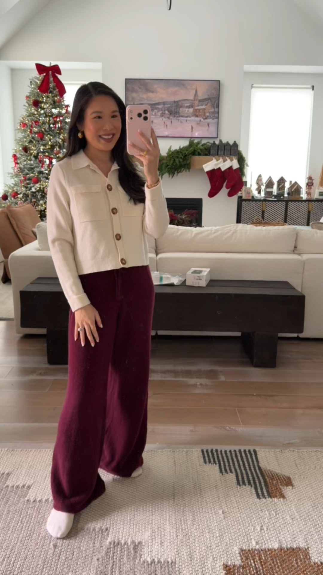 Fall and winter outfit with cashmere wide leg pants, cashmere slippers, and merino wool cardigan that keeps you warm during cold days! Love this for a comfy and cozy outfit 

#LTKootd #LTKSeasonal