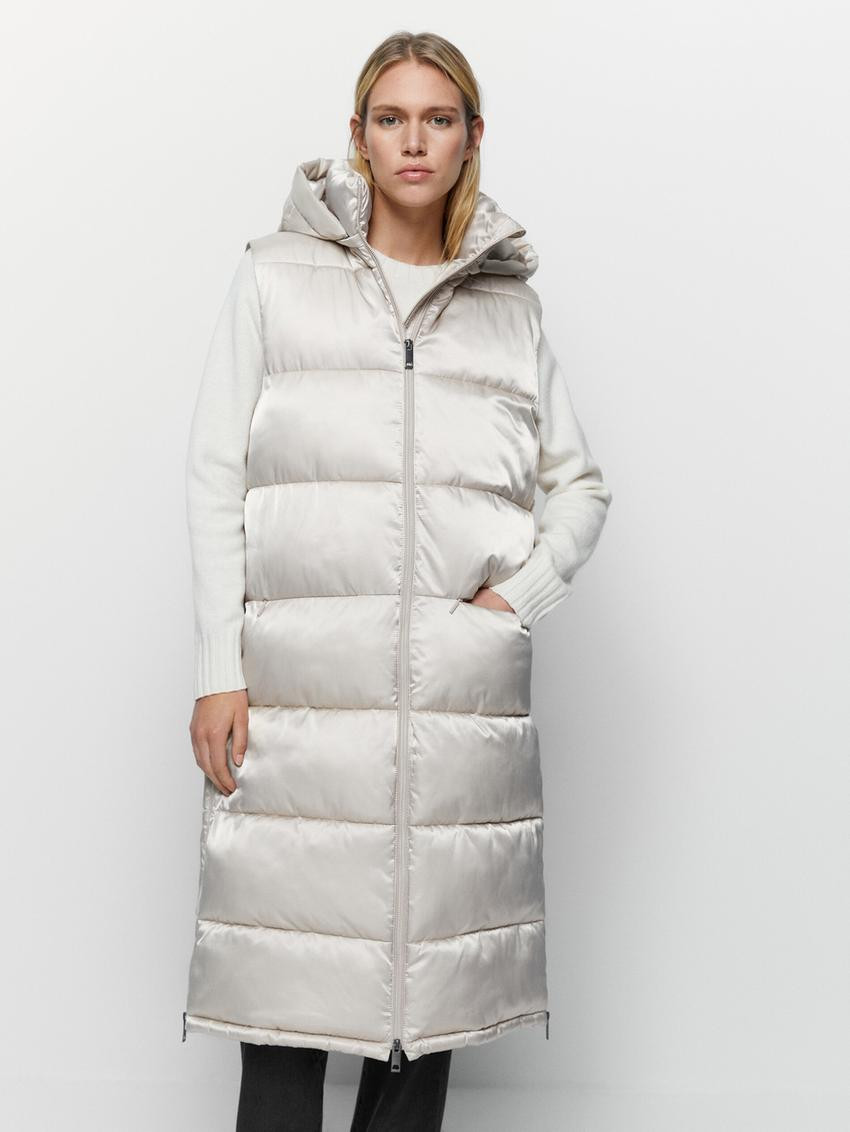 Long quilted gilet with hood | Massimo Dutti US