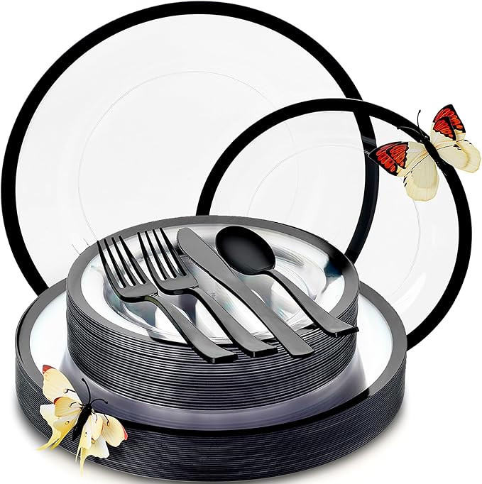 By Madee HEAVYWEIGHT 150 Pcs for 25 Guests | Clear and Black Plastic Plates and Silverware Set | ... | Amazon (US)