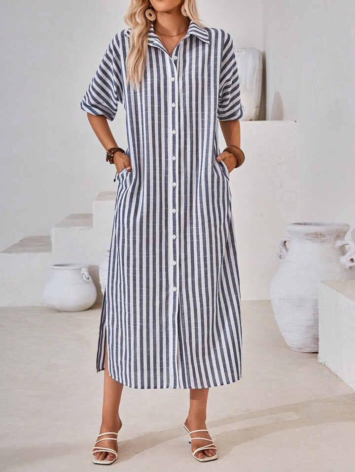 SHEIN Essnce Striped Print Batwing Sleeve Shirt Dress Without Belt | SHEIN