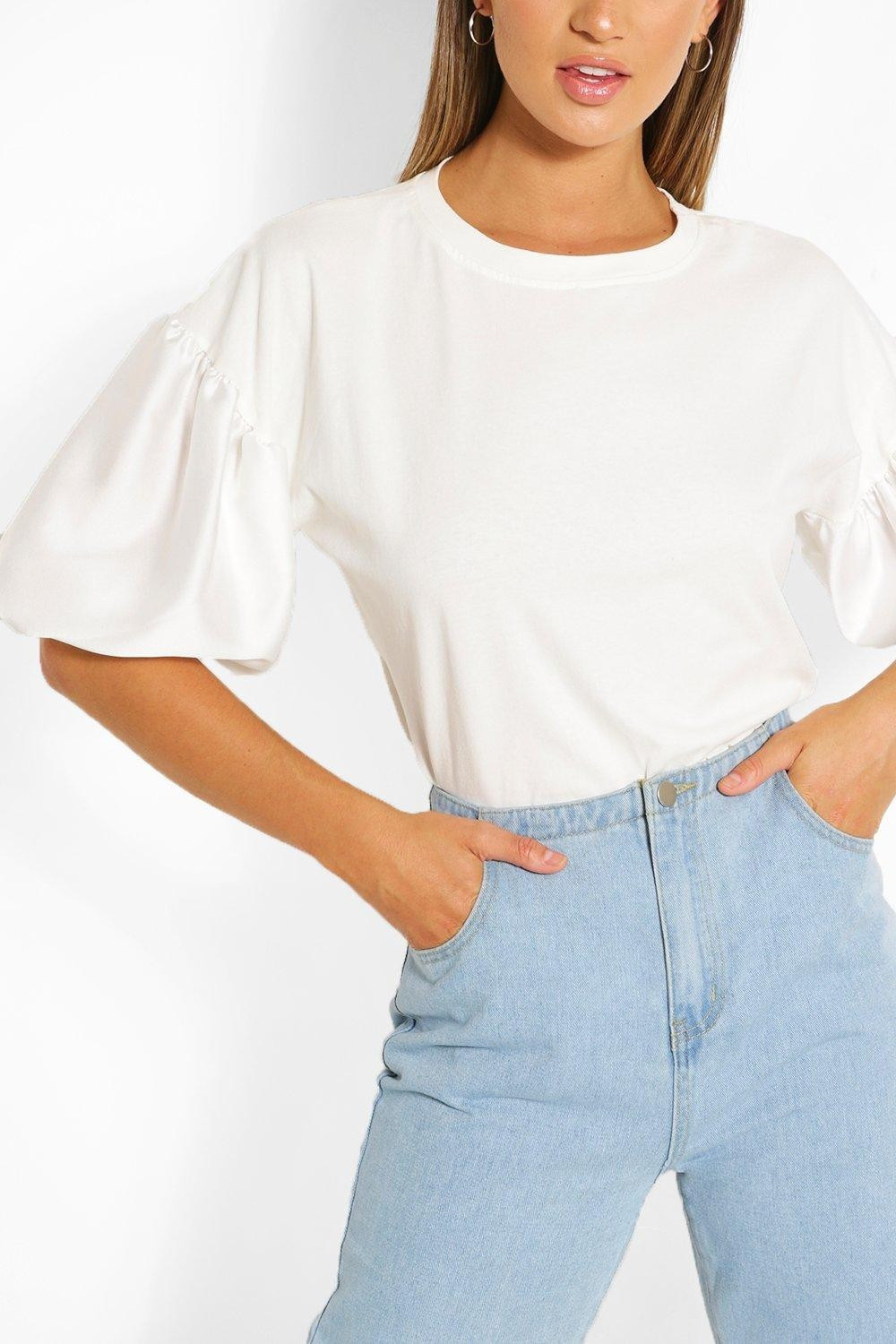 Womens Satin Puff Ball Sleeve T-Shirt - White - 4 | Boohoo.com (US & CA)