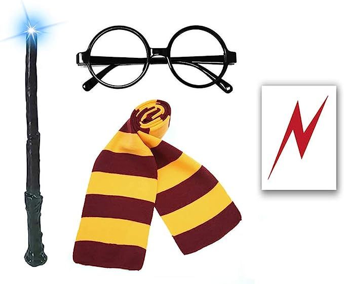 Novelty Glasses Striped Knit Scarf with Light Wizard Wand, Bolt Scar Tattoo, Cosplay Party Costum... | Amazon (US)